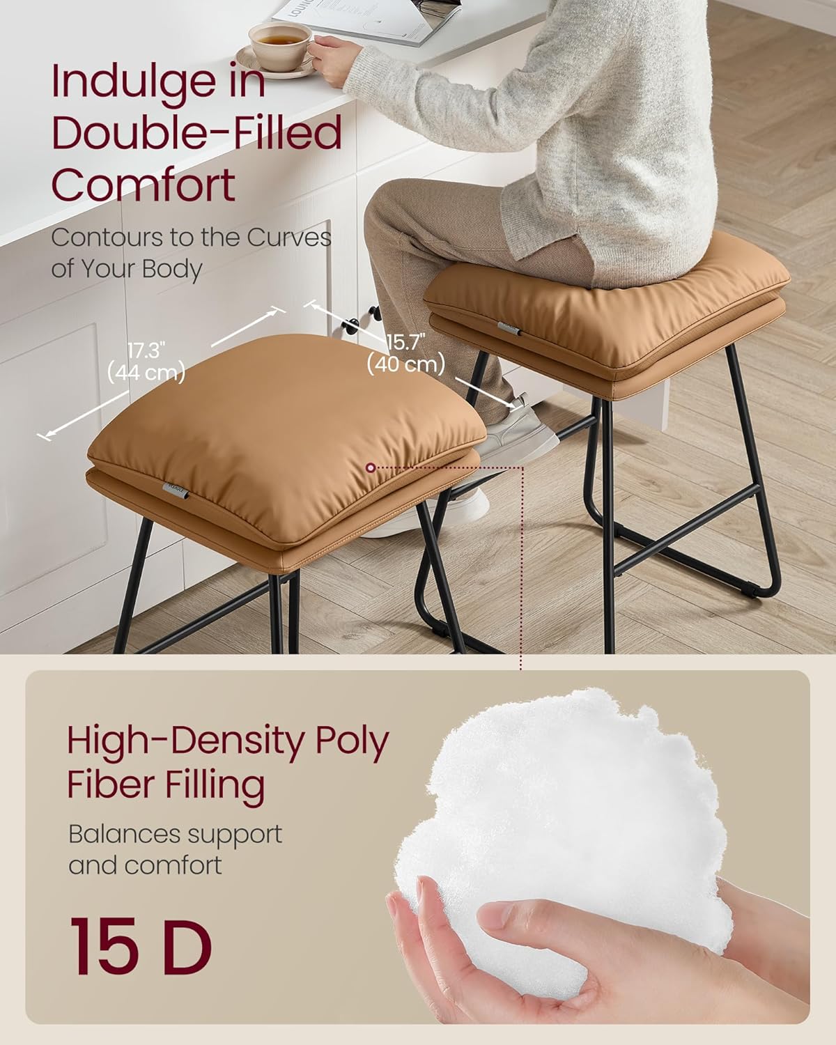 VASAGLE Bar Stools Set of 2, Leather, Metal Sled Legs, 25.6 Inches