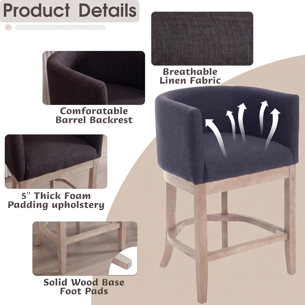 CIMOTA 26" Modern Barrel Counter Height Bar Stool, Linen Black Charcoal