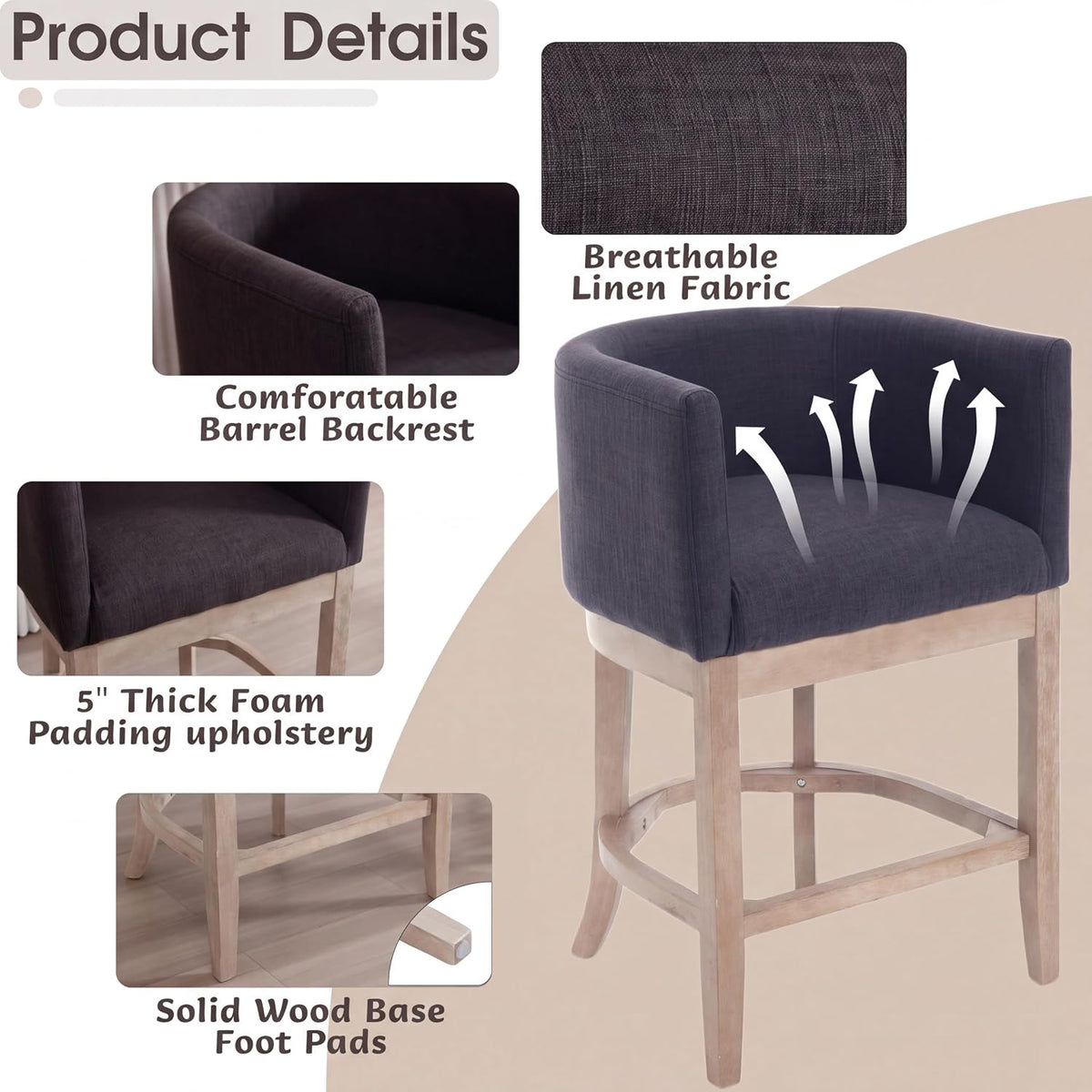 CIMOTA 26" Modern Barrel Counter Height Bar Stool, Linen Black Charcoal