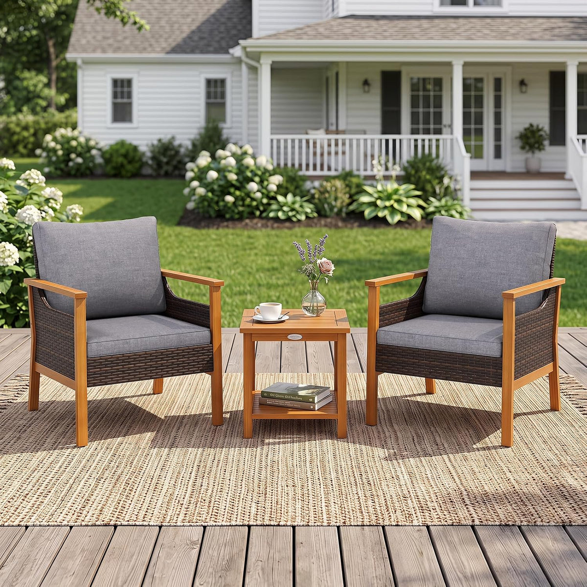 Tangkula 3 Pieces PE Wicker Patio Bistro Set (Gray)