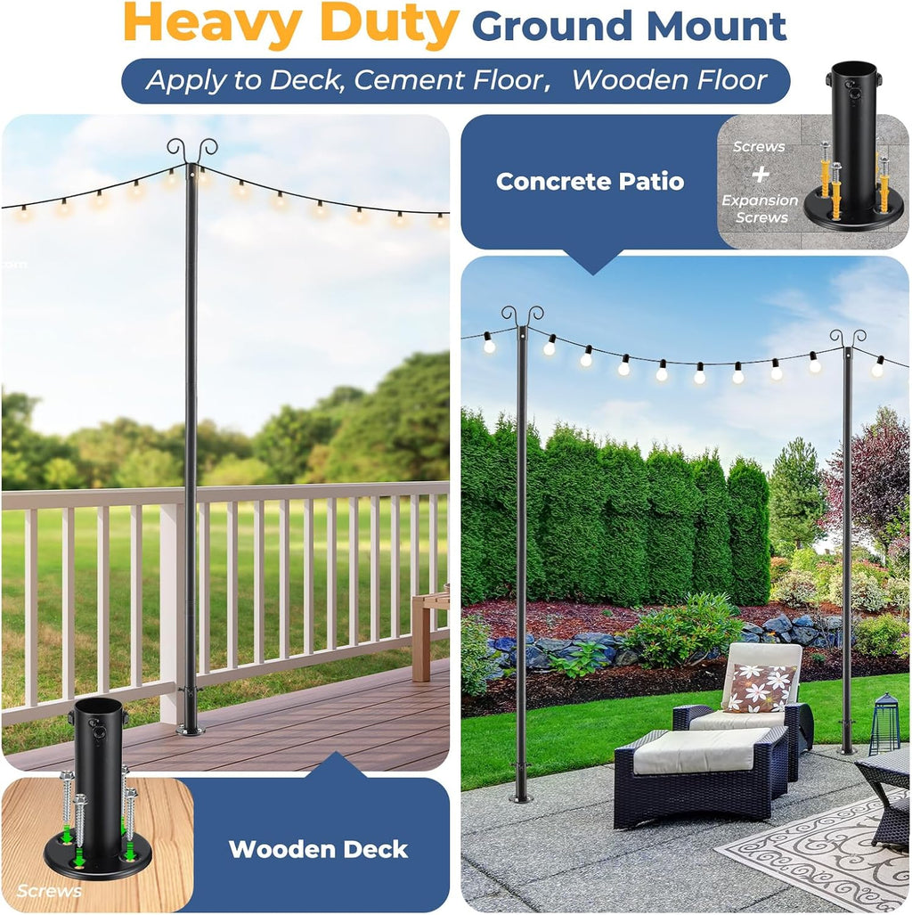 Heavy Duty String Light Poles 8 FT (2 Pack) - Outdoor Patio Deck Light Poles for Outside with Anchor Base and Mounting Bracket, Waterproof Garden Backyard Pole for Wedding Party Garden