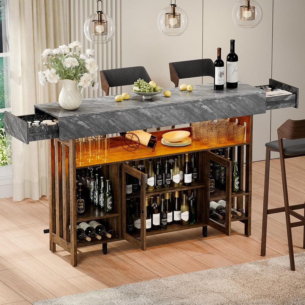Loomie 63" Brown Bar Table Cabinet with LED, Drawers & Footrest for Home