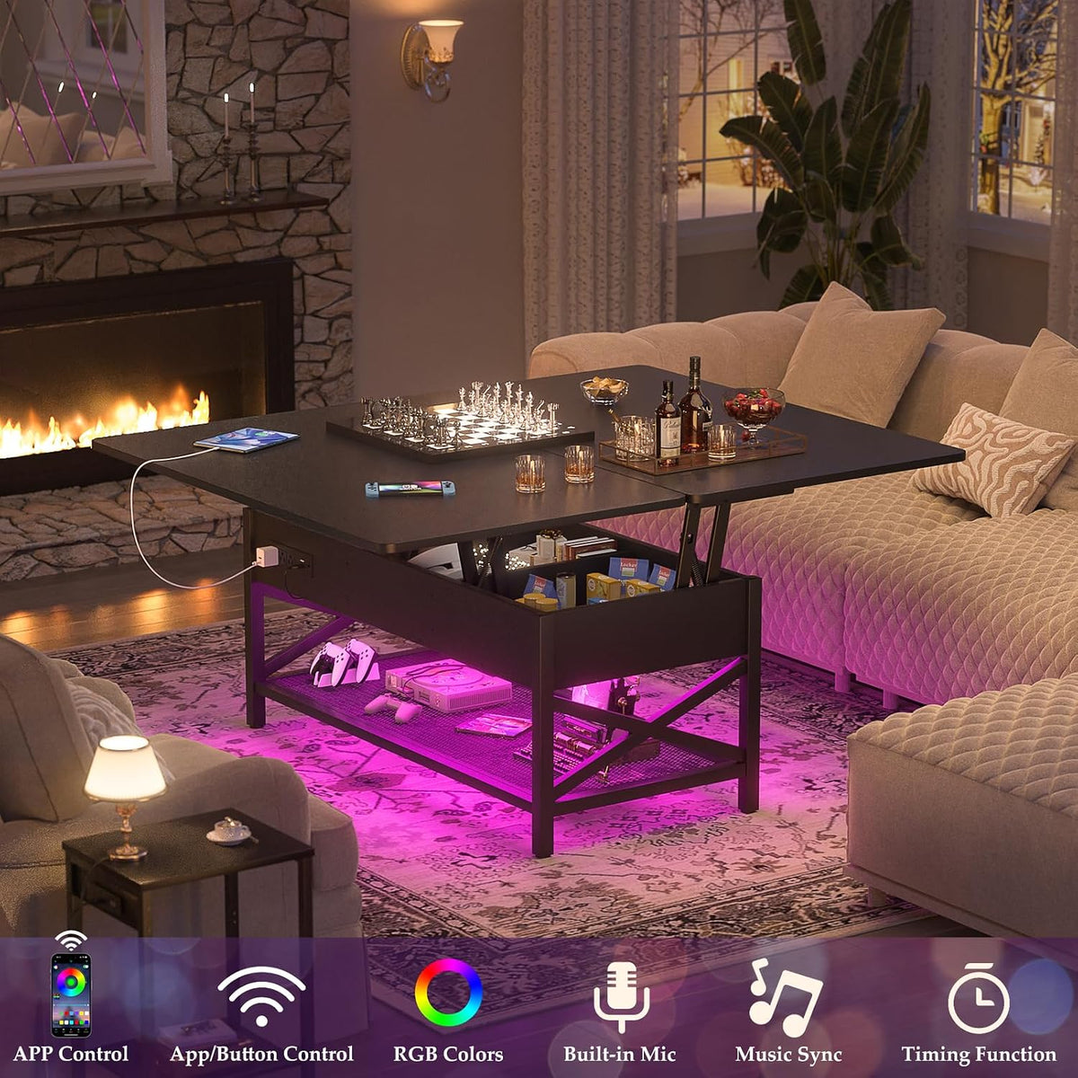 Aheaplus Lift Top Coffee Table with LED Light,Power Outlet & Shelves- Black