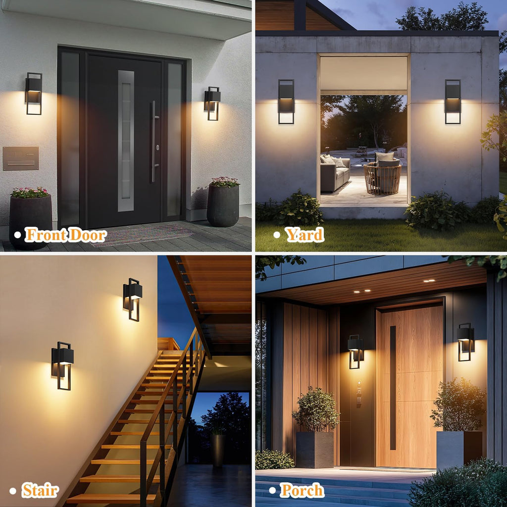 2-Pack Modern Outdoor Wall Lights, LED Black Porch Light, 3000K