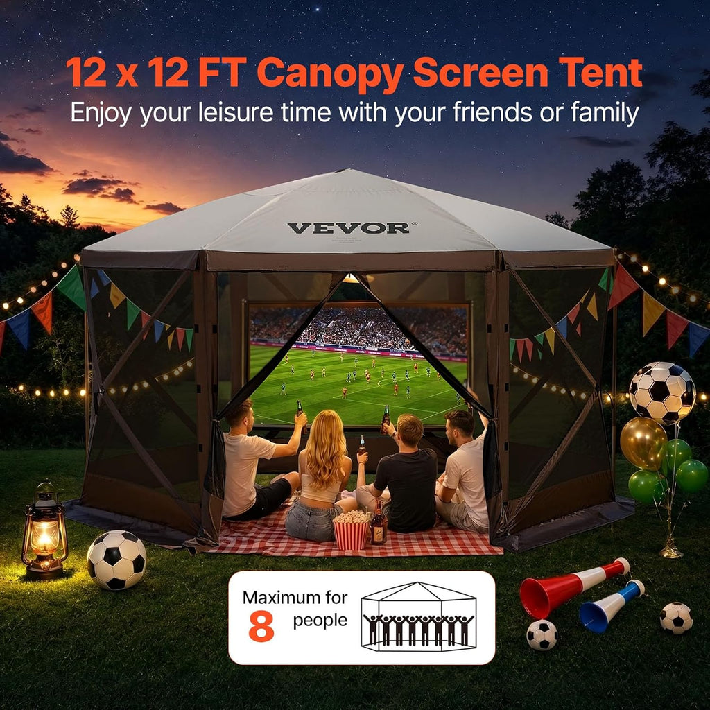 VEVOR Camping Gazebo Screen Tent, 12x12ft, Brown/Beige
