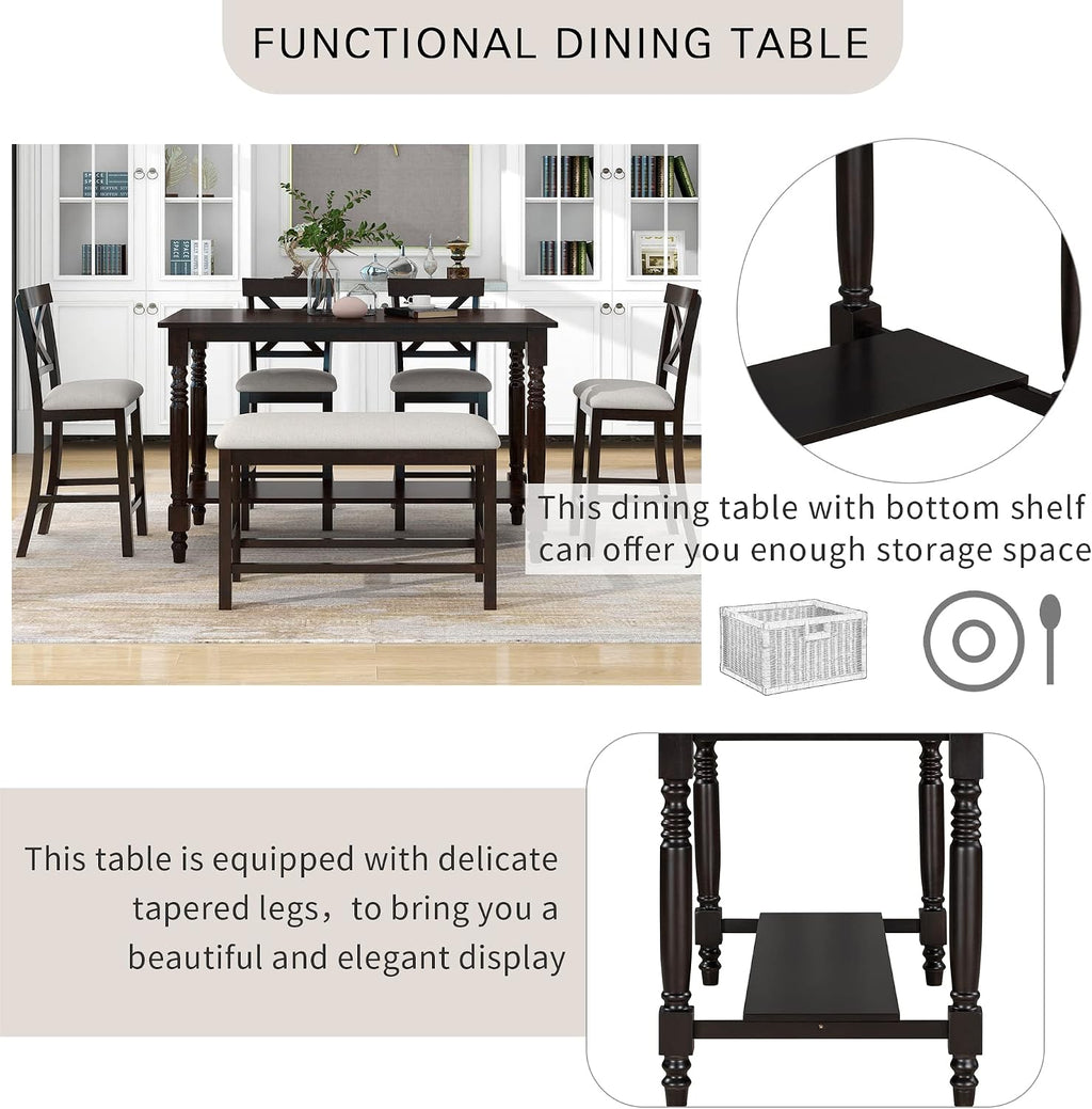 Merax 6-Piece Counter Height Dining Table Set, Solid Wood Kitchen Dining Room Table Set with Chairs and Bench, 60 in Triangular Design Bar Table with Storage Shelf, Espresso