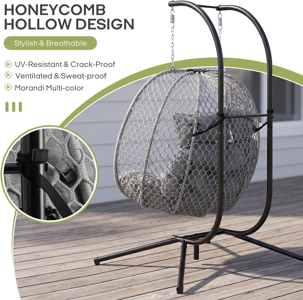 Double Egg Chair with Stand for 2 Persons, Oversized Patio Hanging Basket Chair, Honeycomb Wicker Swing Chair with Thick Cushions & Headrests, 800LBS Heavy Duty Indoor Outdoor, Light Grey