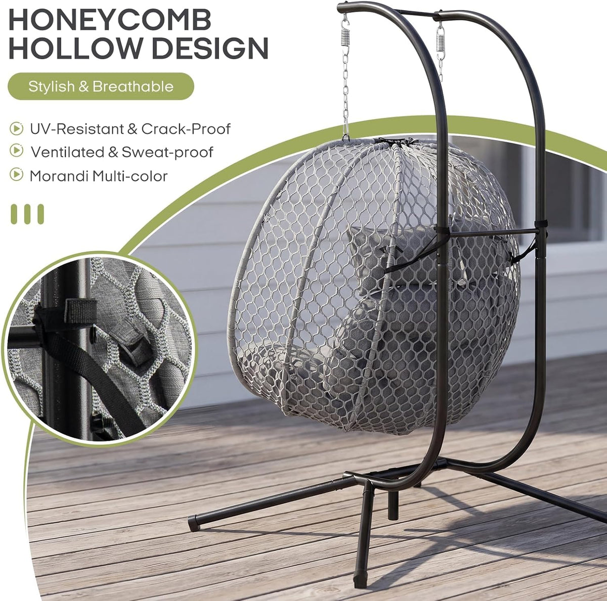 Double Egg Chair with Stand for 2 Persons, Oversized Patio Hanging Basket Chair, Honeycomb Wicker Swing Chair with Thick Cushions & Headrests, 800LBS Heavy Duty Indoor Outdoor, Light Grey