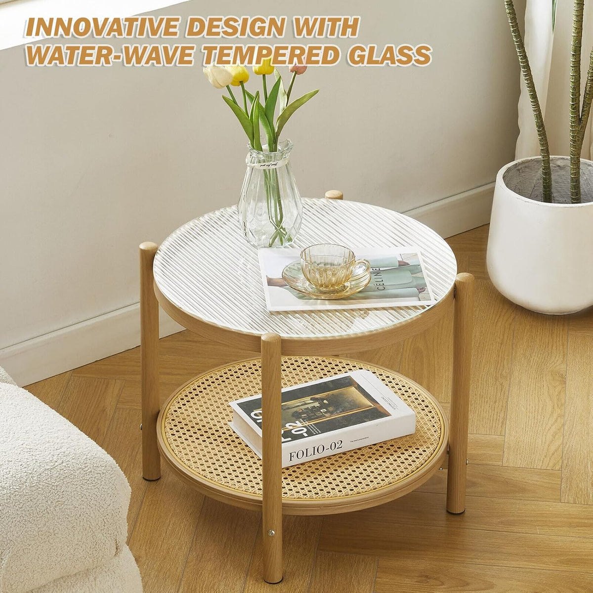 19.6" Boho Rattan Coffee Table, Round Tempered Glass Metal End Table