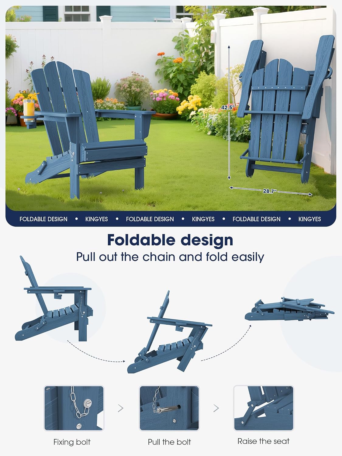 KINGYES Folding Adirondack Chair, All-Weather HDPE Material, Navy, 2 Pack