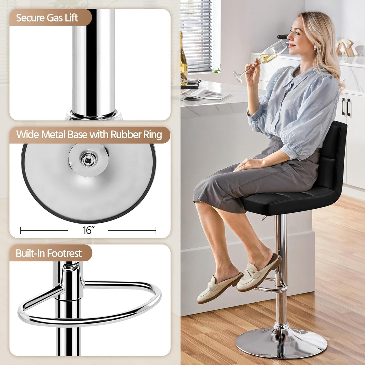 Yaheetech Bar Stools Set of 2 Adjustable Counter Height Barstools Black