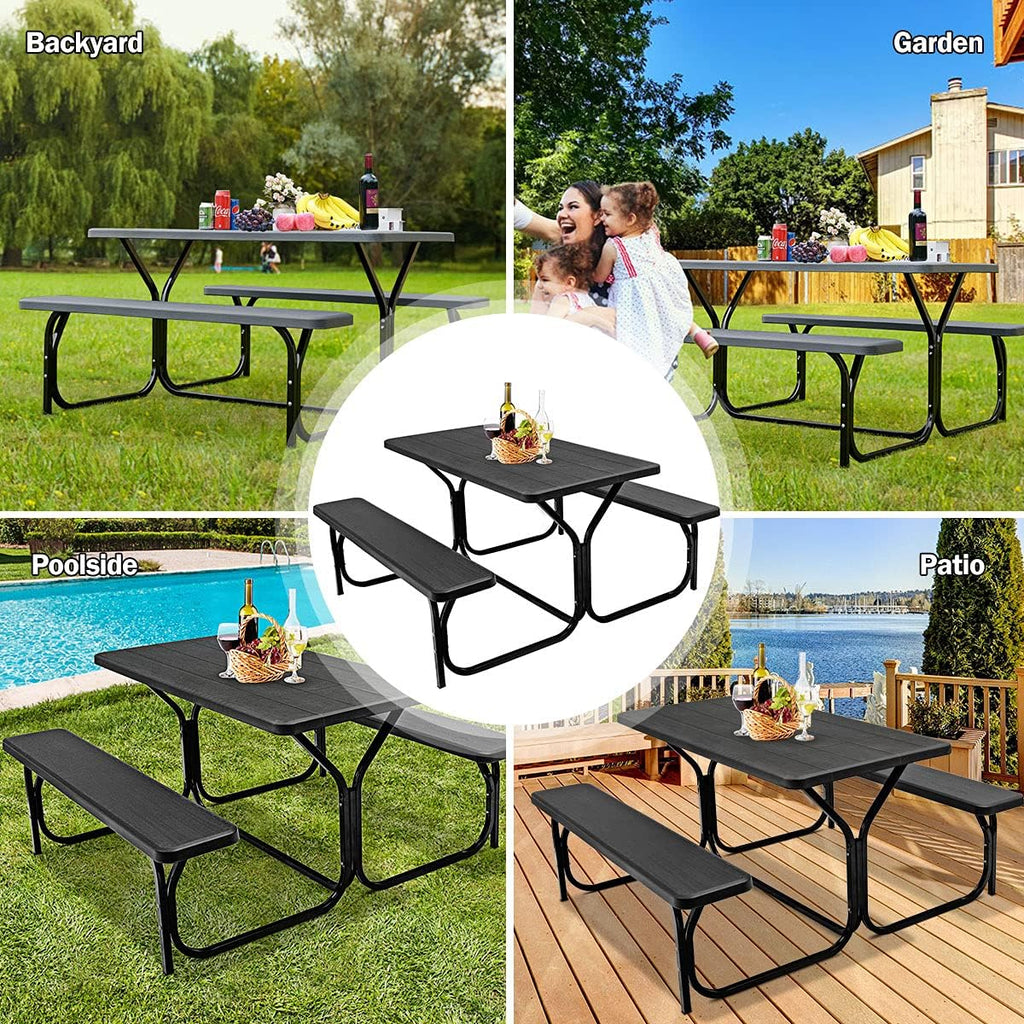 S AFSTAR Picnic Table, 59” Plastic Picnic Table with Benches, Steel Frame & Wood-Like Texture Tabletop, Expanded Rectangular Camping Table Chair Set for Garden Patio Lawn Deck (Black)