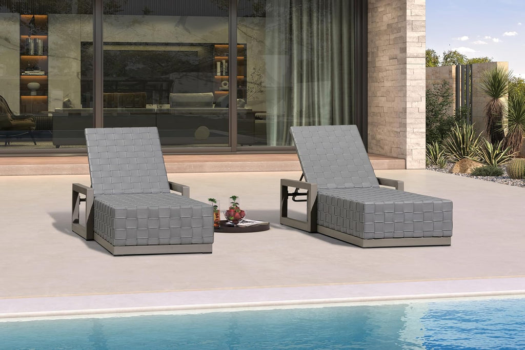 PURPLE LEAF Patio Lounge Chair Set of 2 PU Leather Adjustable Backrest Grey