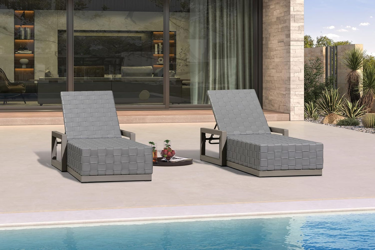 PURPLE LEAF Patio Lounge Chair Set of 2 PU Leather Adjustable Backrest Grey