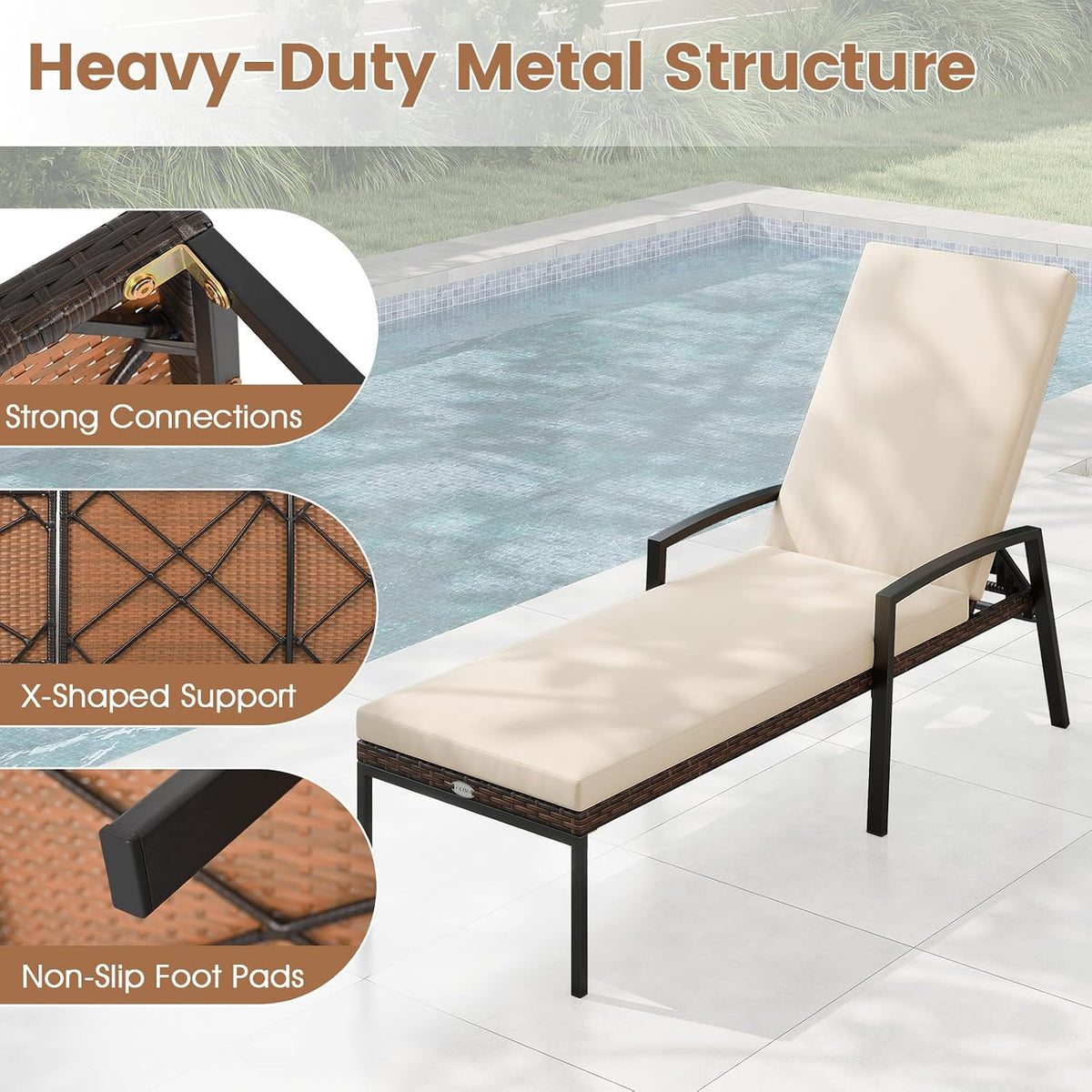 Tangkula Set of 2 Patio Furniture Outdoor Rattan Wicker Lounge Chair Set Adjustable Poolside Chaise with Armrest and Removable Cushions
