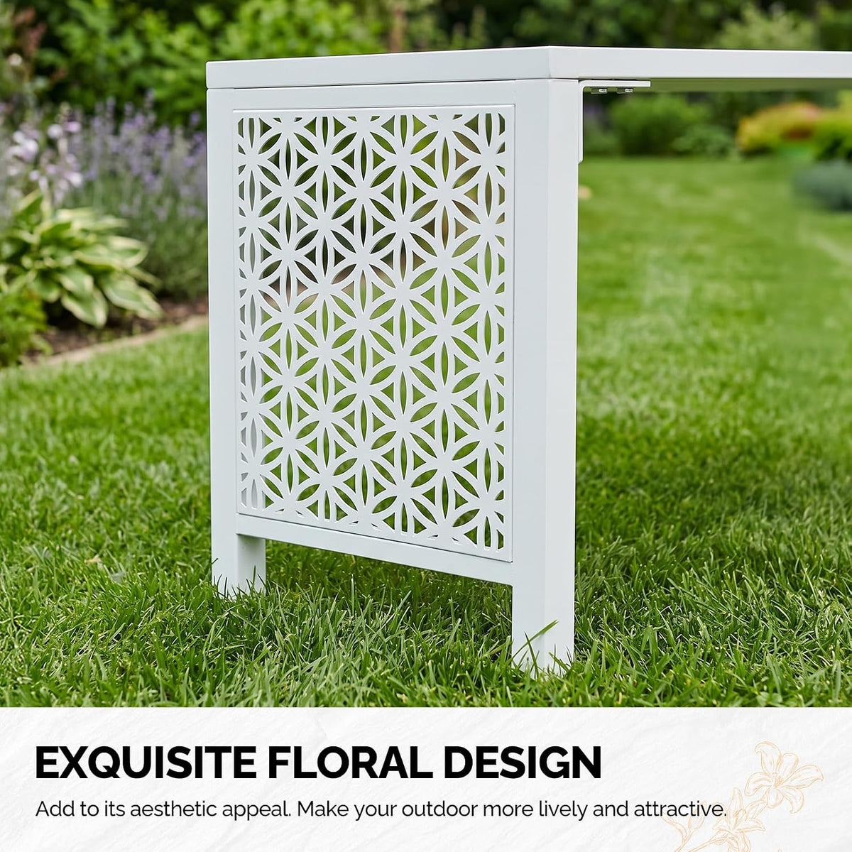 VINGLI 40in Outdoor Metal Bench, All-Weathe Backless Patio Bench with Slatted Seat＆Floral Side Panels, Rust-Resistant Garden Bench, Weatherproof Outdoor Seating for Porch Entryway Backyard (White)