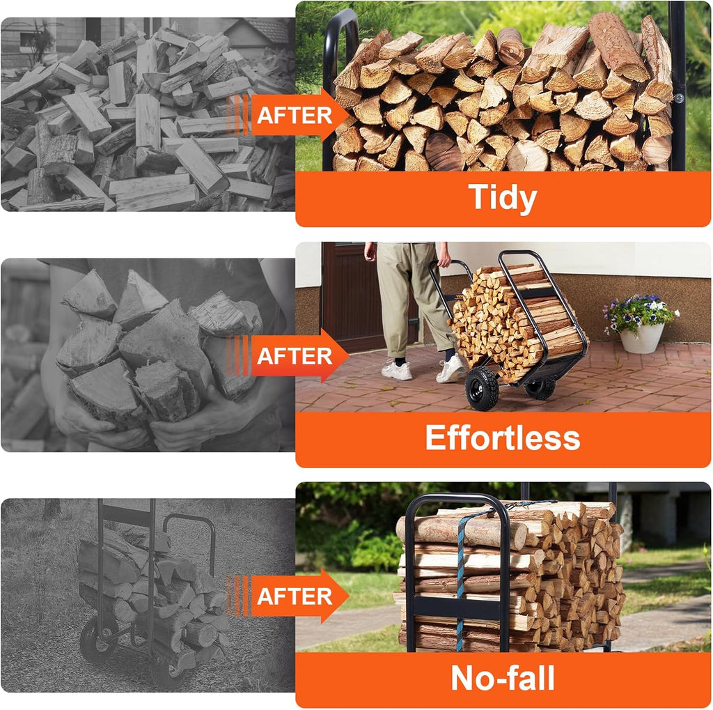 VEVOR Log Cart 250 lbs Load Capacity, Outdoor and Indoor Wood Rack Storage Mover with Pneumatic Rubber Wheels, Heavy Duty Steel Dolly Hauler, Firewood Carrier for Fireplace, Fire Pit, Black