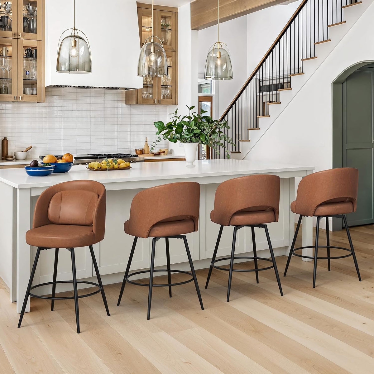 LUE BONA 26''H Swivel Bar Stools Set of 2, Counter Height Bar Stools with Backs, Lumbar Pillow and Black Metal Frames, Upholstered Modern Barstools for Kitchen Island, Faux Leather, Brown