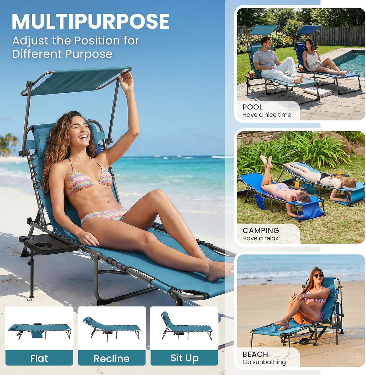 FUNDANGO 400lbs Heavy Duty Tanning Chair with Face Hole & Canopy, Cyan