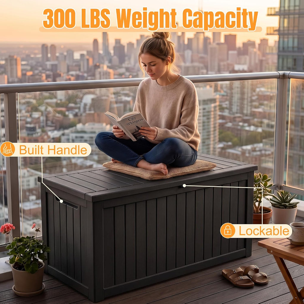 Outdoor Storage Box, 360 Gallon Waterproof Resin Deck Box with Support Rod
