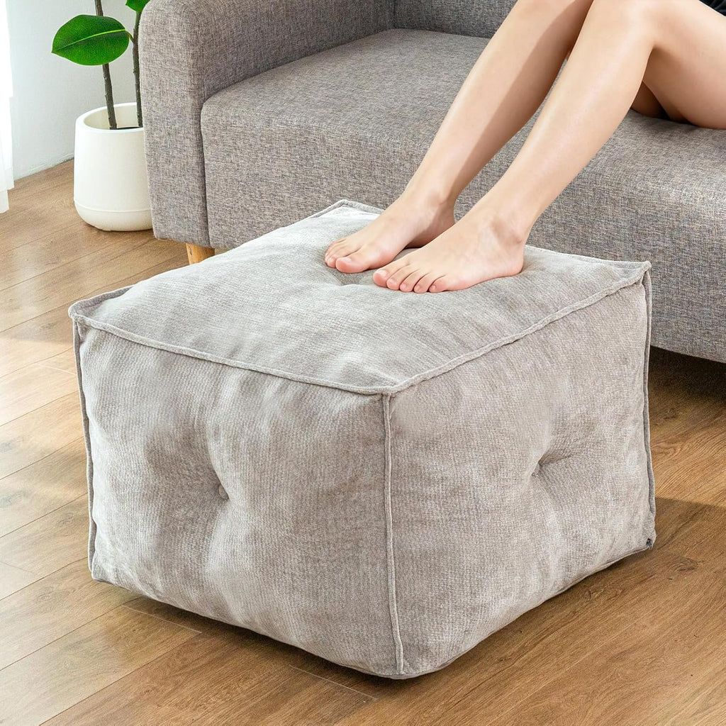 Pouf Ottoman and Foot Rest - Elevate Your Living Room Decor with Lightweight Comfort and Charm - 26 Inches Square Modern Foam Filled Foot Stool Perfect to Rest Your Feet (Grey)