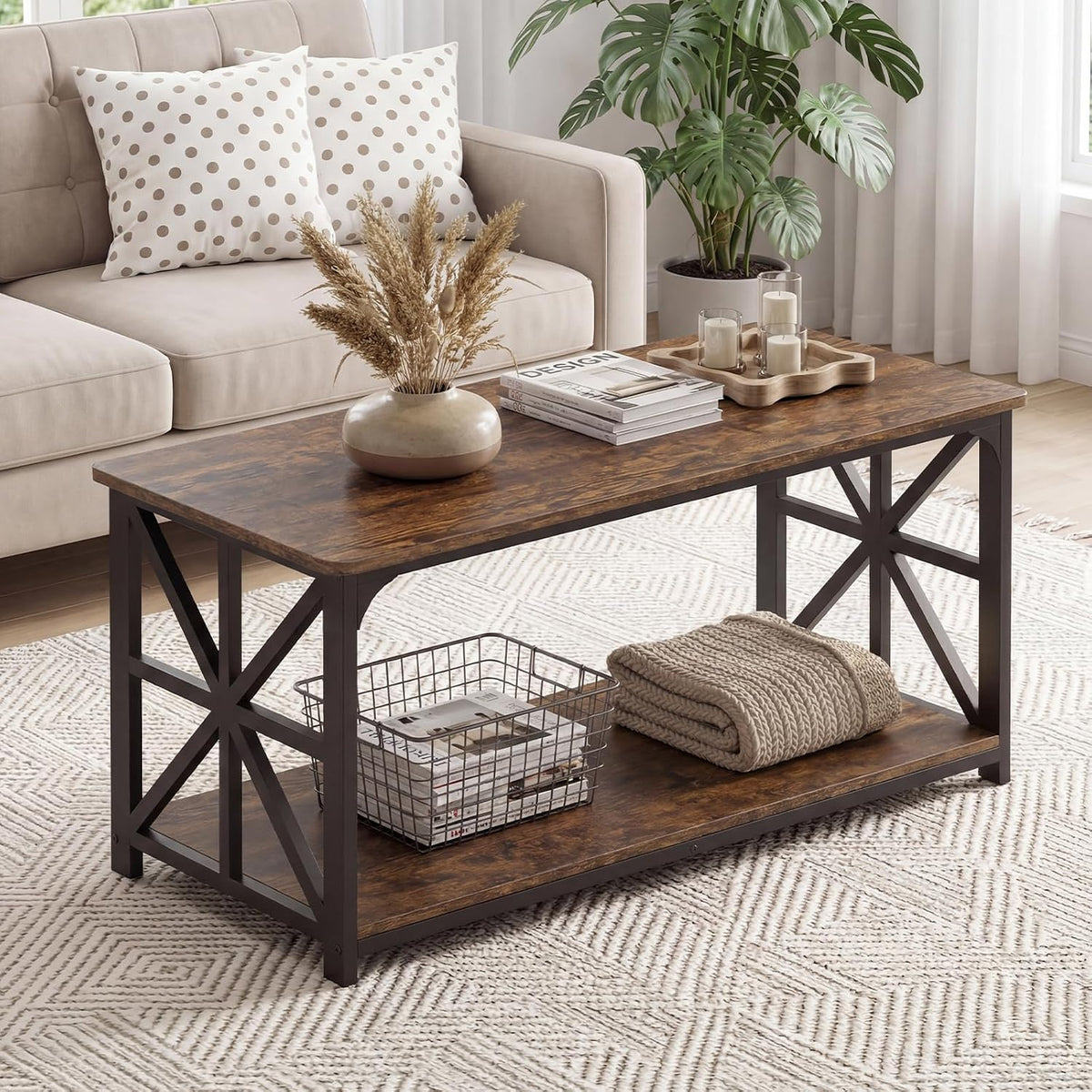 GIANTEX Farmhouse Coffee Table, 43" Center Table with Storage, Rustic Brown
