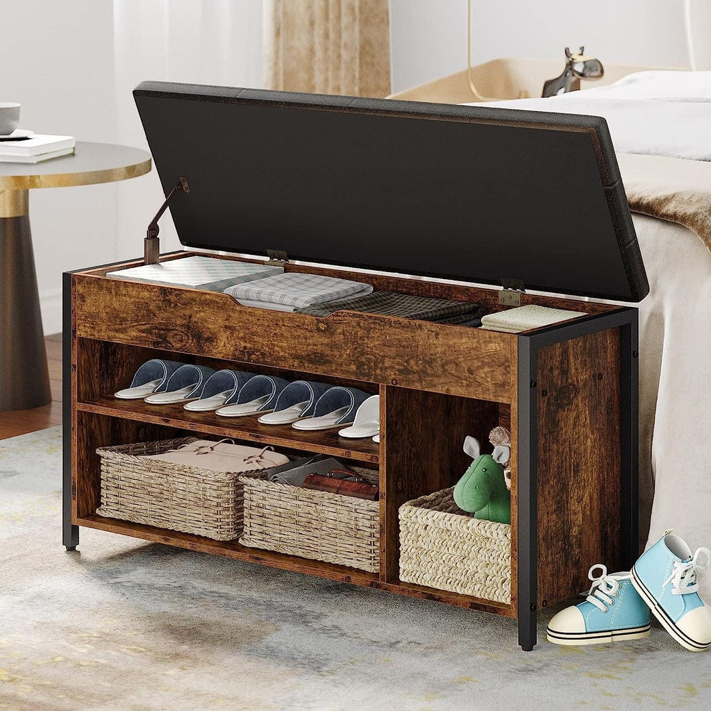 Shoe Bench, Lift Top Shoe Storage Bench, Adjustable Shelf Entryway Bench, Metal and Wood Shoe Rack Organizer with Cushion for Entry, Bedroom, Closet, Living Room, Hallway (Brown, 35.5“W)