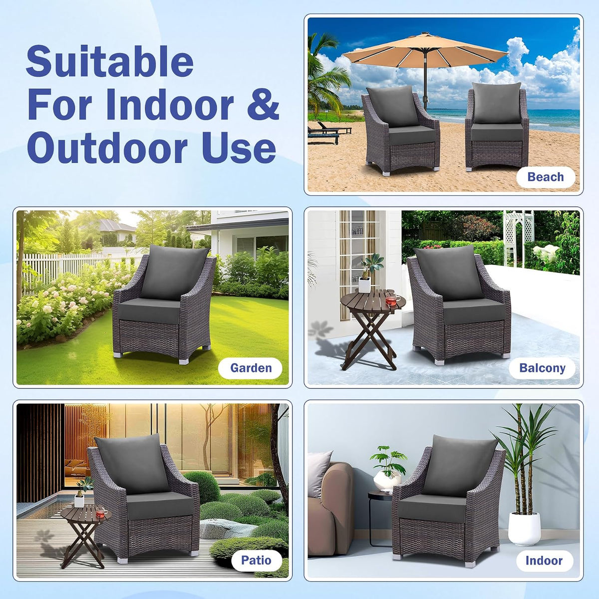 IASEAHK Outdoor Seat Cushion Set, Waterproof & Fade Resistant Patio Chair Cushions, Outdoors Cushion for Patio Furniture, 24 x 24 x 5.75 Inch, Outdoor Couch Cushions with Handle and Ties, Dark Grey