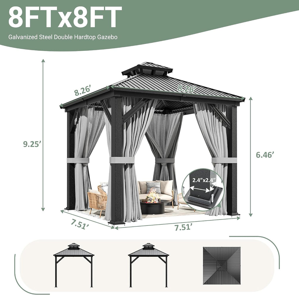 AirWire 8'x8' Hardtop Aluminum Gazebo with Curtains & Netting Dark Gray