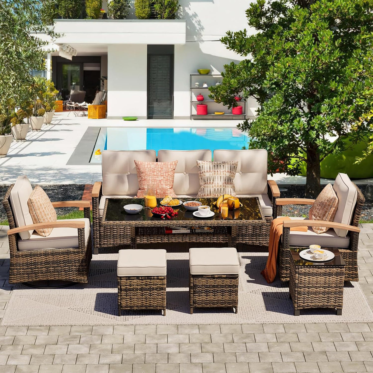 MEISSALIVVE 7 Pieces Patio Furniture Sets, PE Wicker Outdoor Conversation Sets with 2 Wood Armrests Swivel Rocker Chairs, 2 Ottomans,3-seat Sofa and Dining Table (Beige)