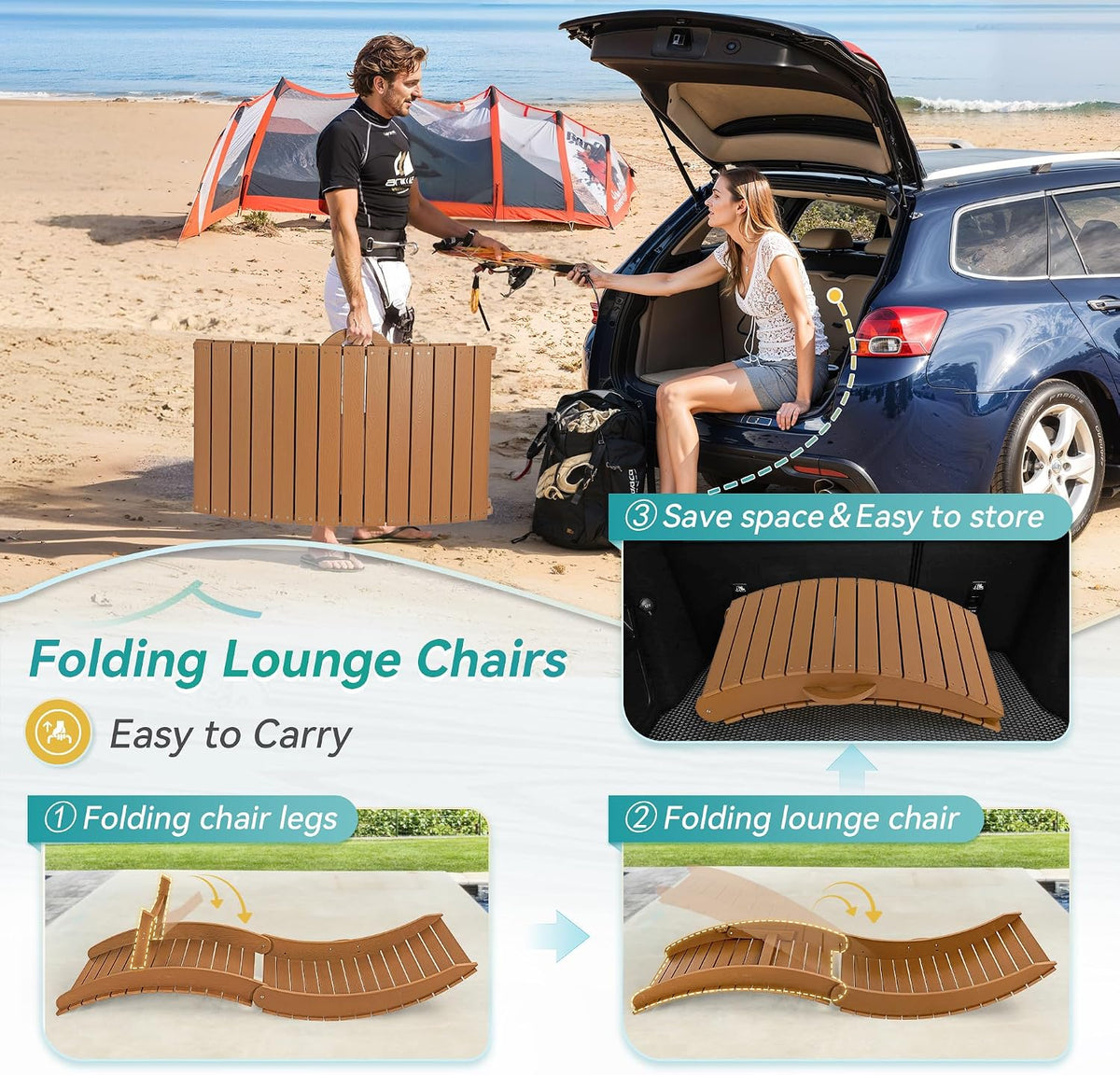 Folding Pool Lounge Chairs, Pre-Assembled for 8-Inch Depth