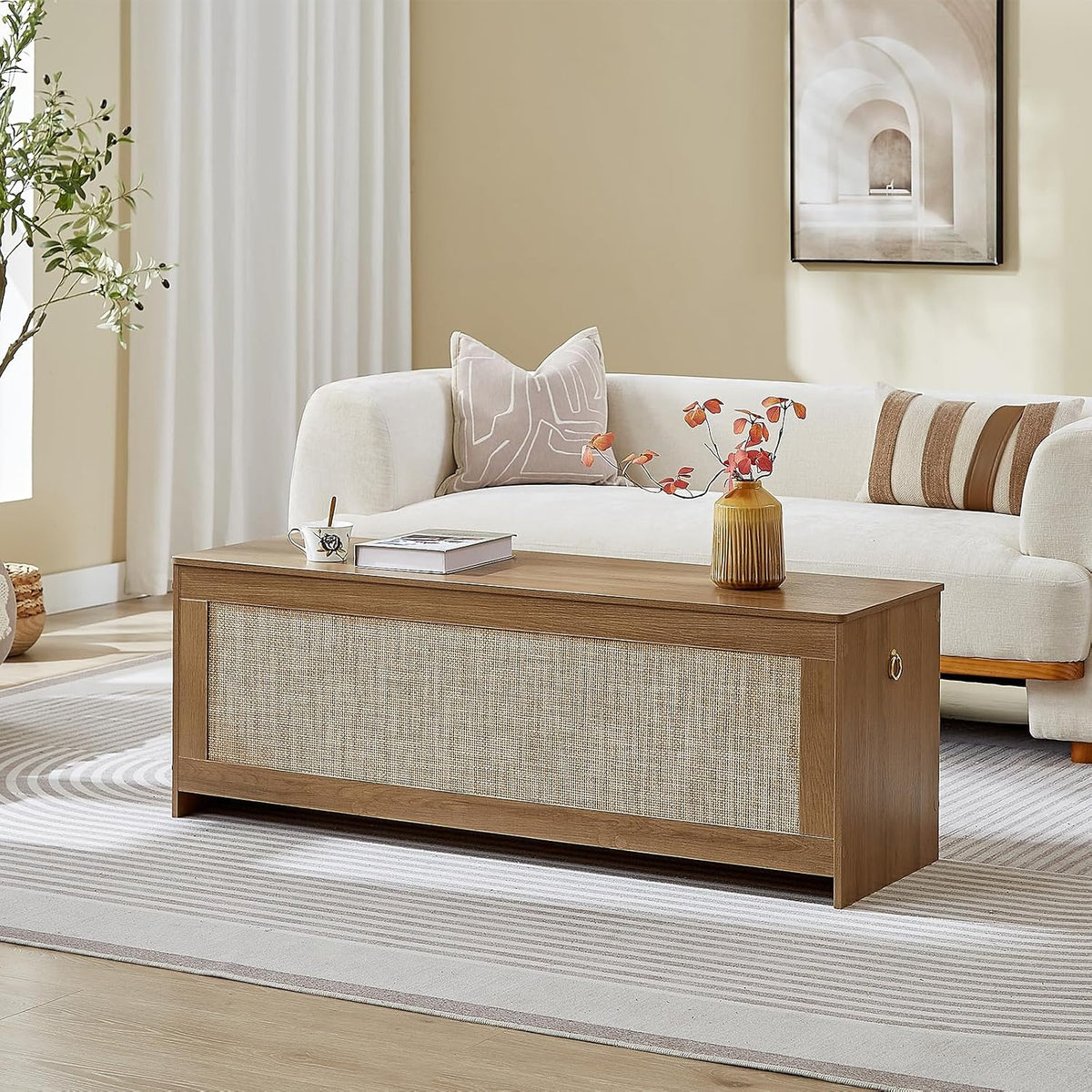 51.2" Storage Chest Extra Large, Rattan Storage Bench,(Cherry Brown