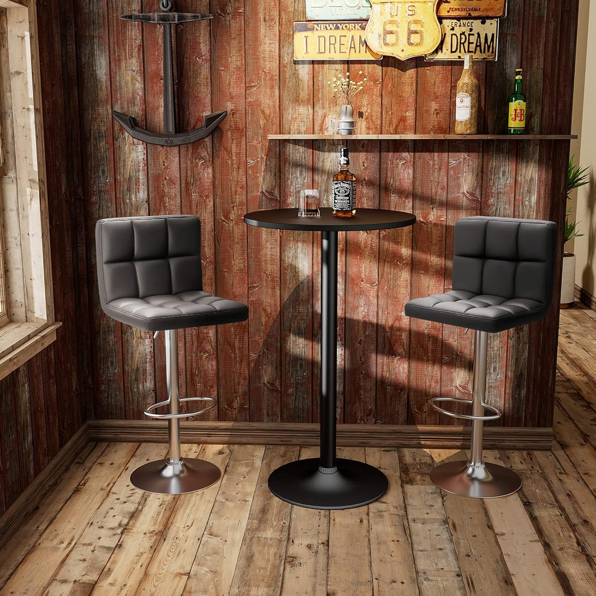Homall Bar Stools Modern PU Leather Adjustable Swivel Barstools, Armless Hydraulic Kitchen Counter Bar Stool Extra Height Square Island Barstool with Back Set of 2 (Leather, Black)