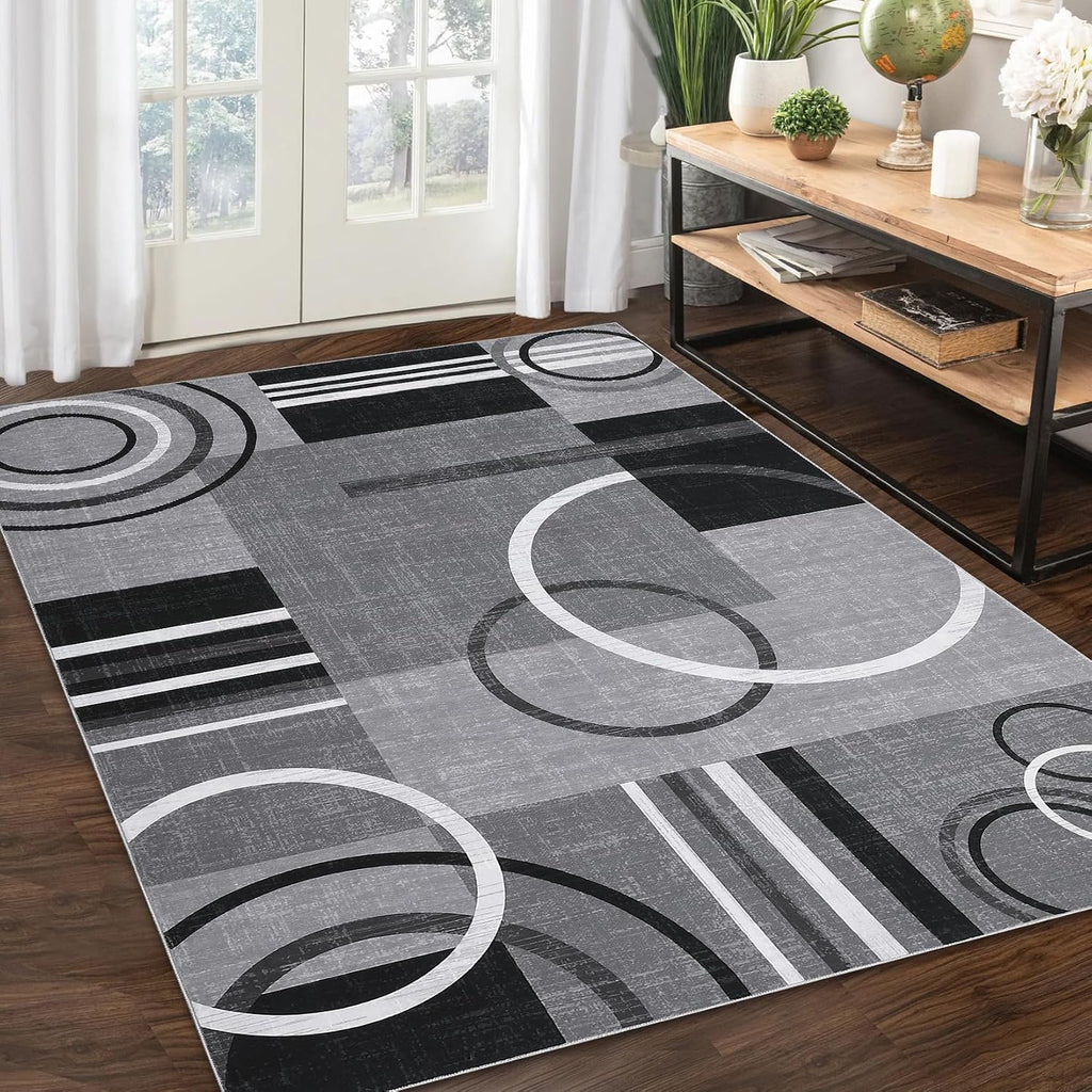 RUGSREAL Washable Rug 5x7 Abstract Circles Area Rugs Non Slip Floor Carpet