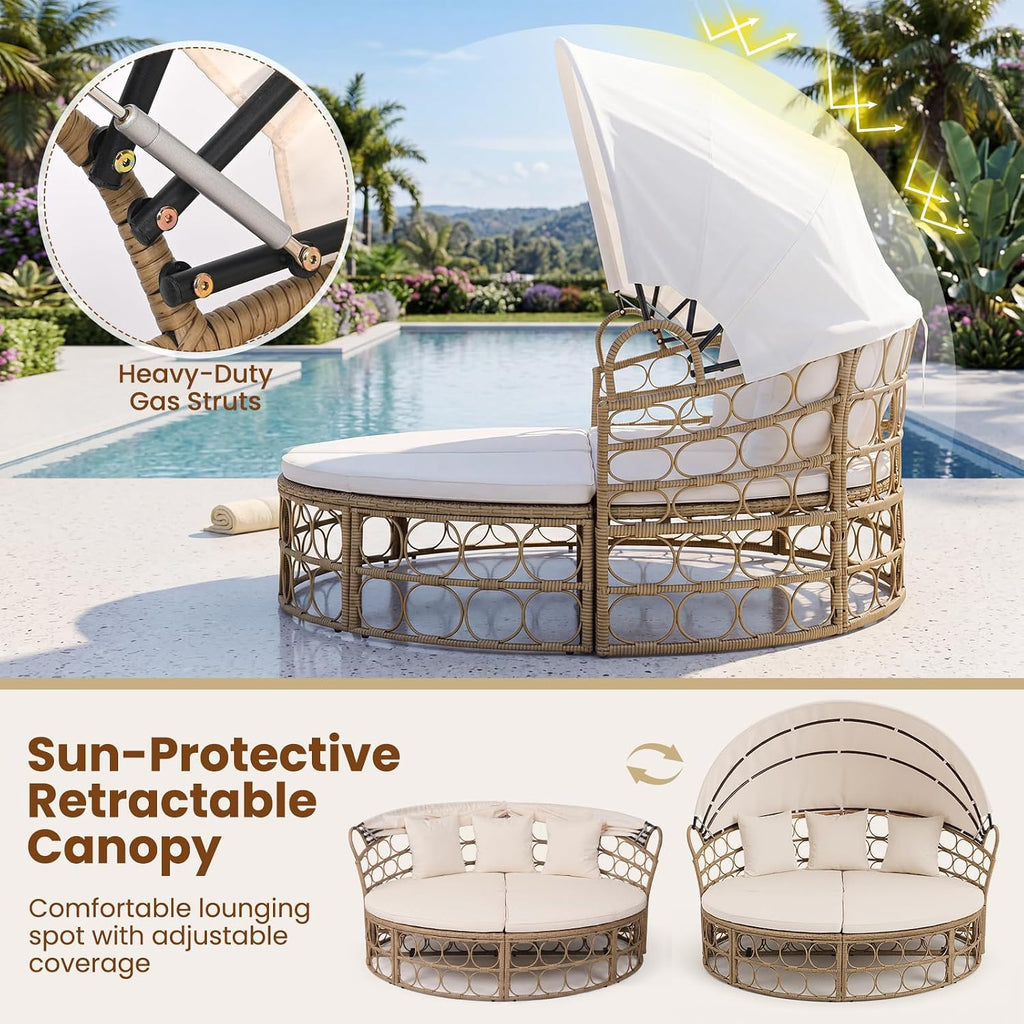 Tangkula Round Outdoor Patio Daybed with Retractable Canopy & Cushions