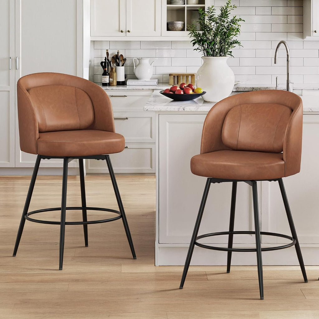 LUE BONA 26''H Swivel Bar Stools Set of 2, Counter Height Bar Stools with Backs, Lumbar Pillow and Black Metal Frames, Upholstered Modern Barstools for Kitchen Island, Faux Leather, Brown