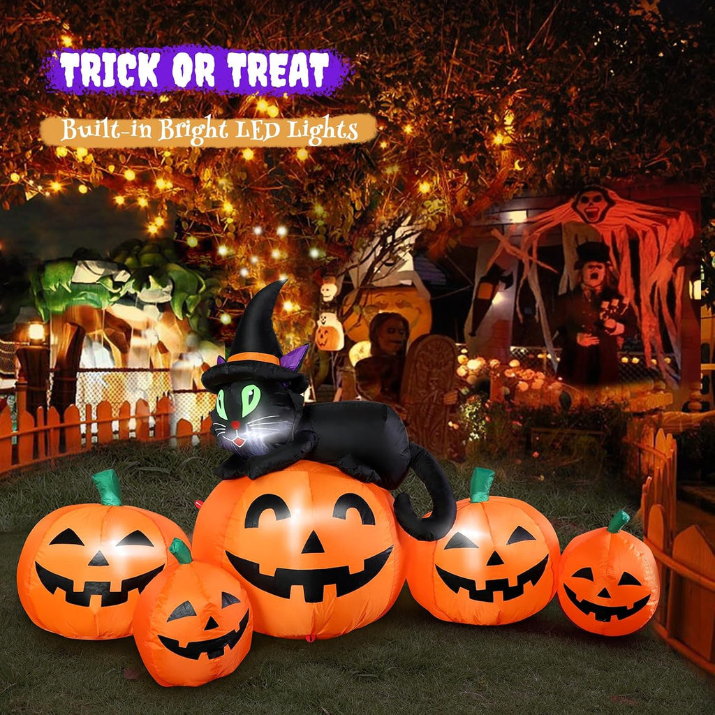 5FT Halloween Inflatable Pumpkin Outdoor Decoration, Lighted Blow Up Yard Decor, 5PCS Pumpkins with Witch’s Black Cat Built-in LED Lights for Balcony Home Holiday Party Lawn Patio Outside Events Prop