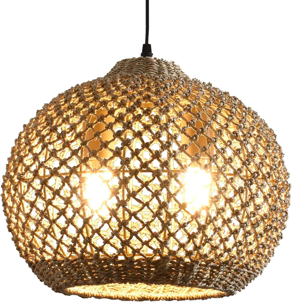 boho rattan pendant light fixture 13.79" 2-light wicker, view 9