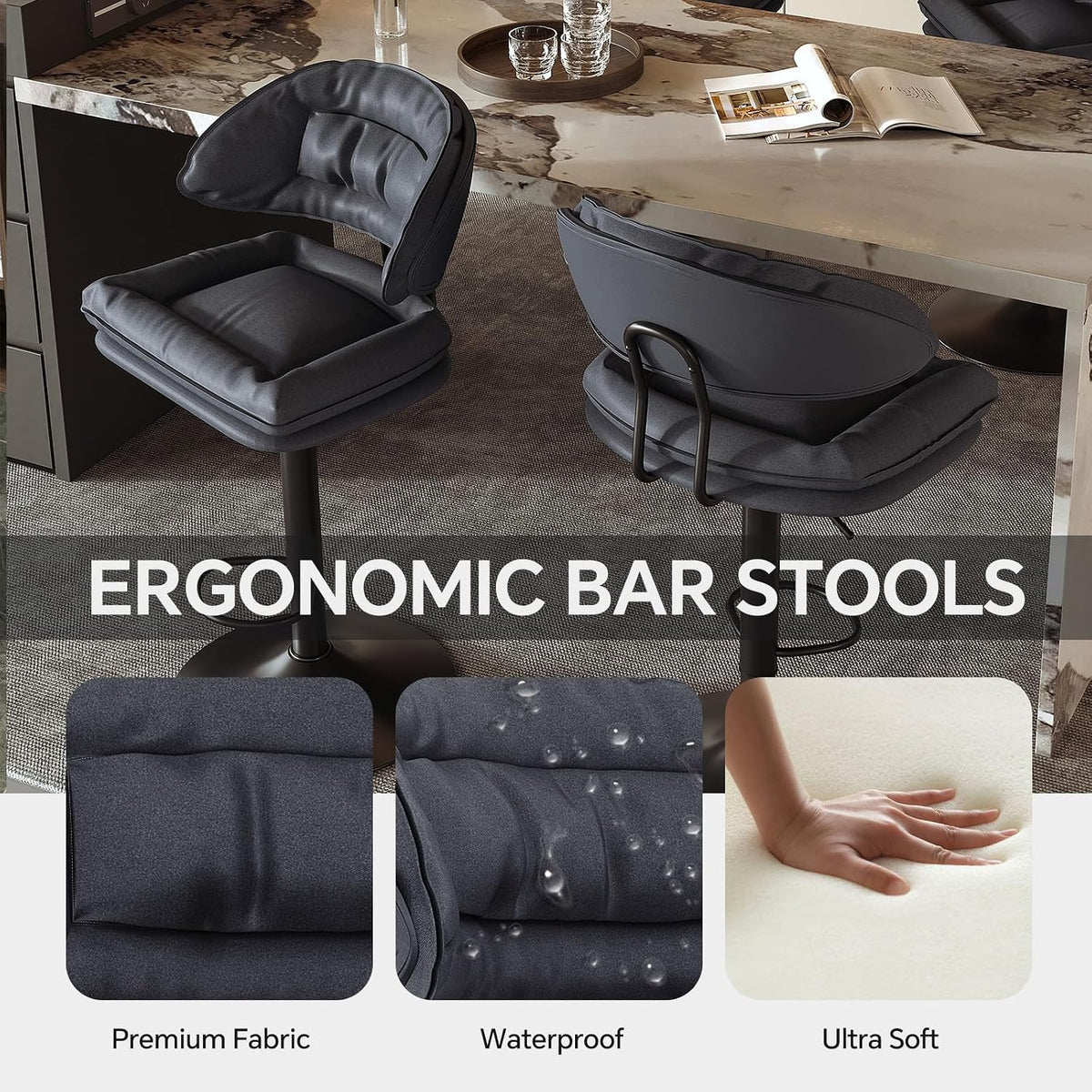 Nalupatio Modern Bar Stools Set of 2, Spacious Ergonomic Double-Layer Cushion Upholstered Swivel Bar Stools with Backrest, Adjustable for Kitchen Island,（Charcoal Black）