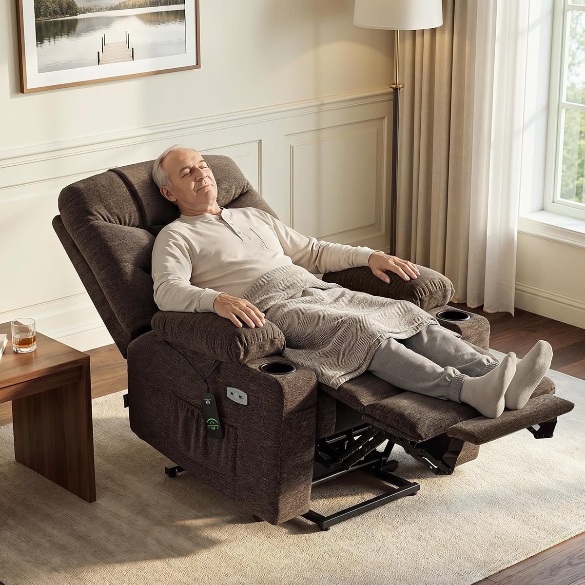 MCombo Power Lift Recliner Chair for Elderly, Fabric 7283 (Brown, Large)