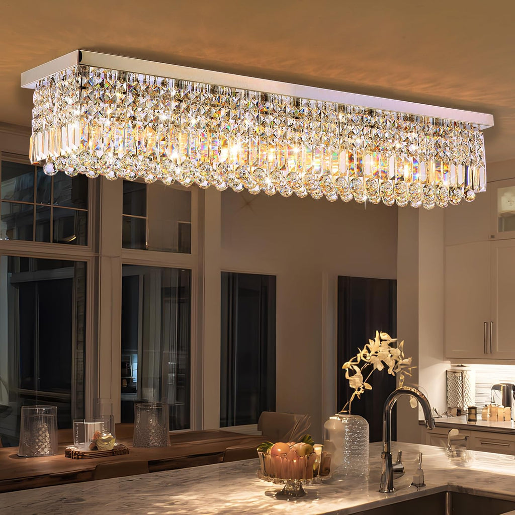 12-Lights Crystal Chandeliers Modern Crystal Rectangular Flush Mount Chandelier with Raindrop Crystals Pendant Light Fixture for Dining Dining Room Kitchen Dining Room Bedroom Bathroom Hotel