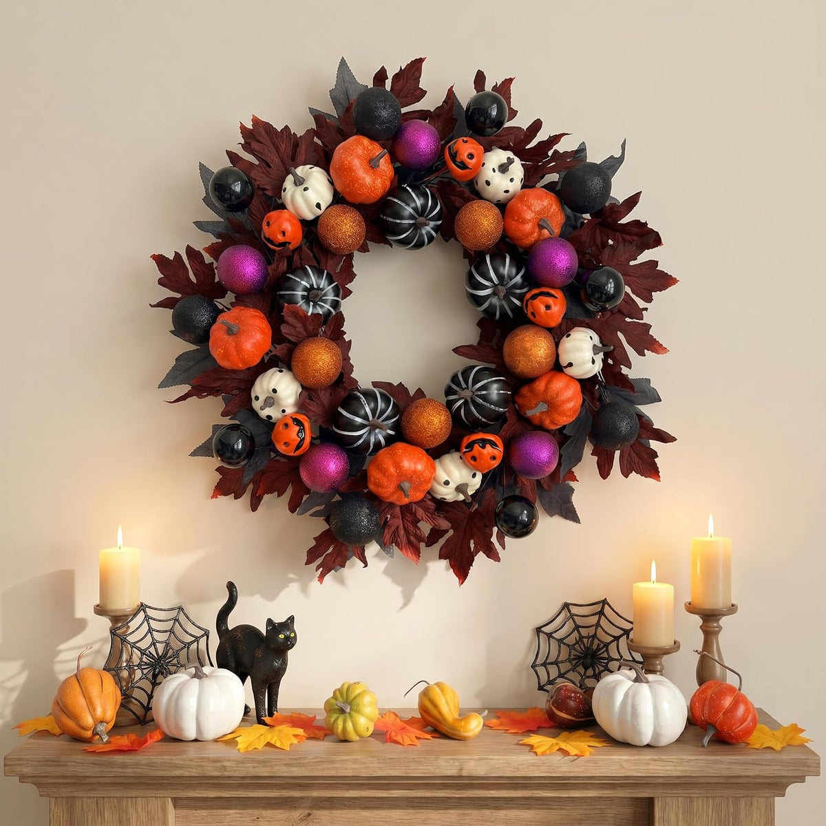 Halloween Ball Wreath for Front Door, 24" Pumpkin Fall Door Wreath