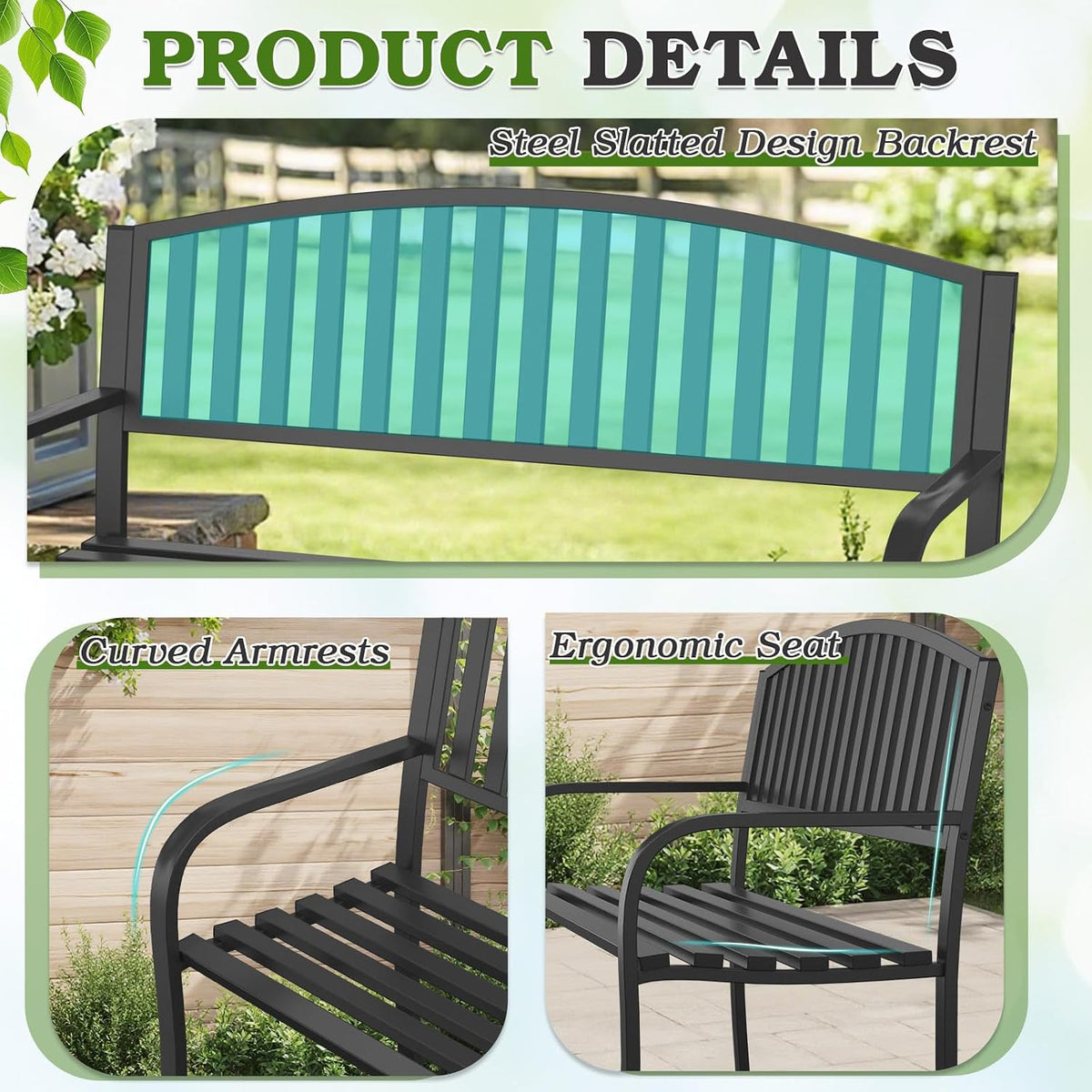 50" Outdoor Bench, Heavy-Duty Metal Frame Graden Bench, Weatherproof Patio Park Bench for Front Porch, Park, Yard, Patio