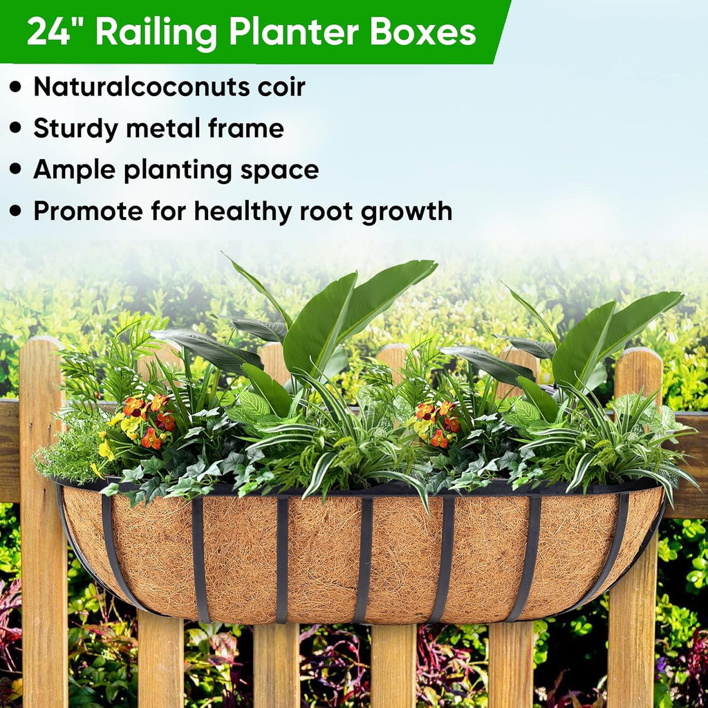 HKZ Deck Balcony Railing Planter Window Boxes - 2 Pack 24 Inch Planter Box, Balcony Planters Railing Hanging, Window Boxes Outdoor Fence Planters