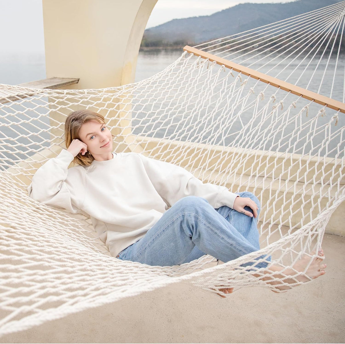 GAFETE Rope Hammock for Outside 2 Person, Handwoven (Natural Beige, Medium)
