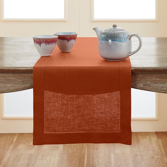 Solino Home Linen Table Runner 108 Inches Long - 100% Pure Linen Cinnamon Table Runner 14 x 108 Inch for Fall, Autumn, Halloween, Thanksgiving - Classic Hemstitch