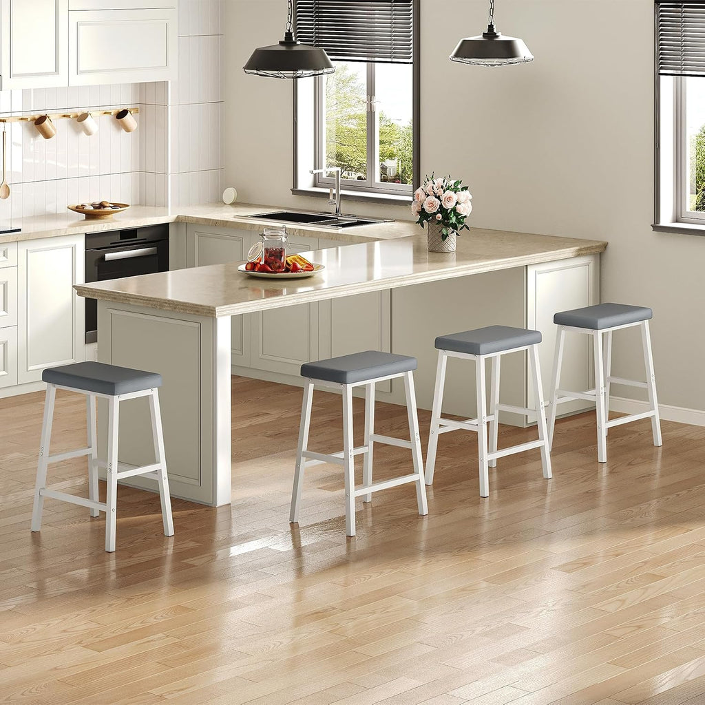 HOOBRO Bar Stools, Set of 2 Bar Chairs, Counter Height Bar Stools, 24 Inch Barstools for Kitchen Counter, PU Upholstered Kitchen Stools, for Kitchen, Bar, Dining Room, White and Gray WG01MD01