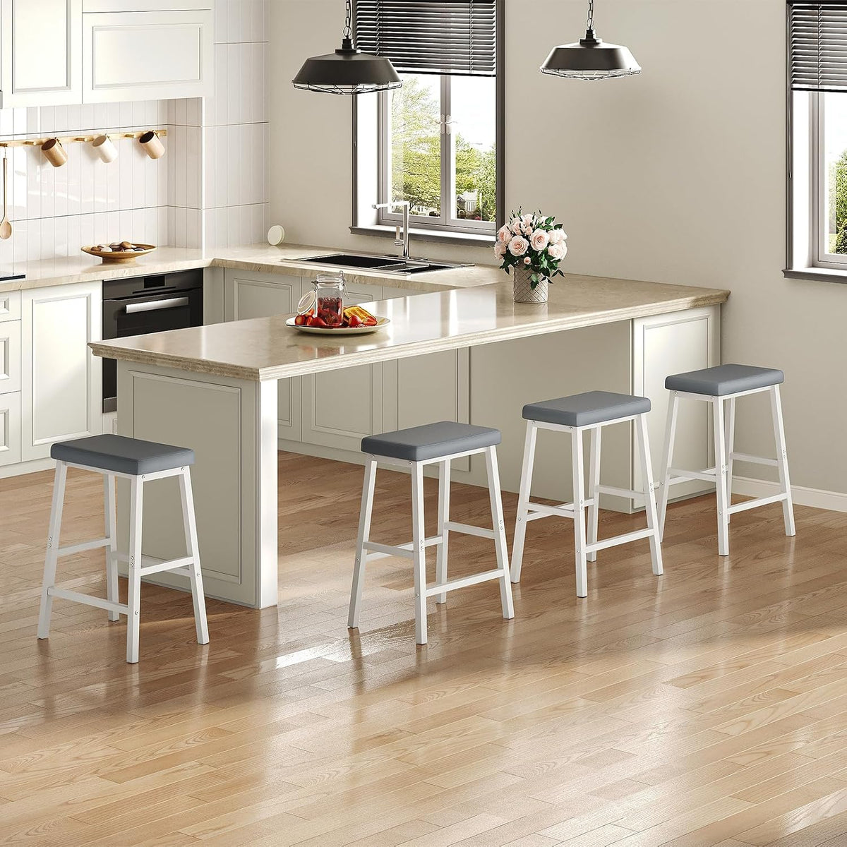HOOBRO Bar Stools, Set of 2 Bar Chairs, Counter Height Bar Stools, 24 Inch Barstools for Kitchen Counter, PU Upholstered Kitchen Stools, for Kitchen, Bar, Dining Room, White and Gray WG01MD01