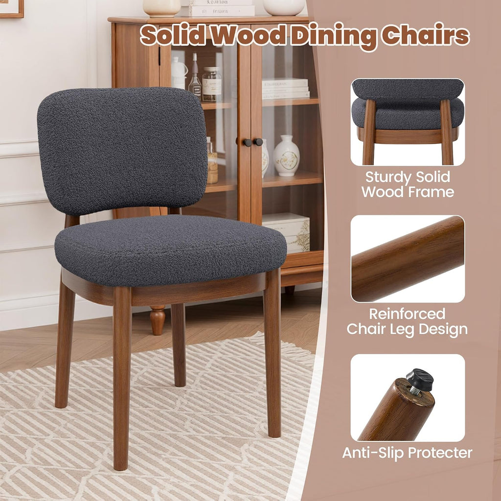 Wooden Dining Chairs Set of 6, Boucle Upholstered Kitchen Chairs with Solid Wood Legs, Mid Century Modern Dining Chairs, Farmhouse Side Chair with Hardwood Frame for Dining Room, Dark Gray