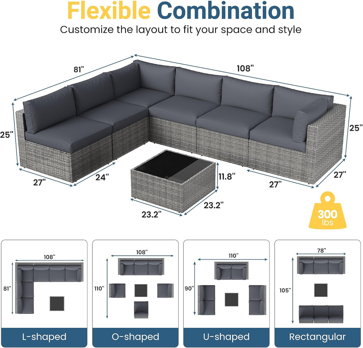 Wisteria Lane 7 Pieces Wicker Patio Furniture Set, All-Weather Patio Sectional Sofa with Coffee Table, Outdoor Sectional Furniture for Garden Backyard, Grey
